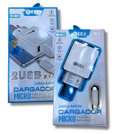 CARGADOR IBEK 3.1A MICRO-V8 CABLE DESMONTABLE IB-3022