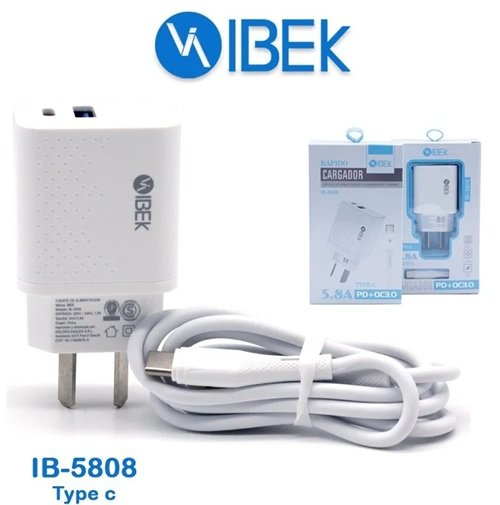 CARGADOR IBEK TYPE C 5.8A USB - TIPO C IB-5808