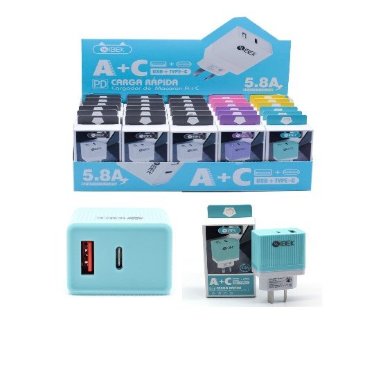 ADAPTADOR CABEZAL IBEK USB + TIPO C 5.8A BLANCO IB-582